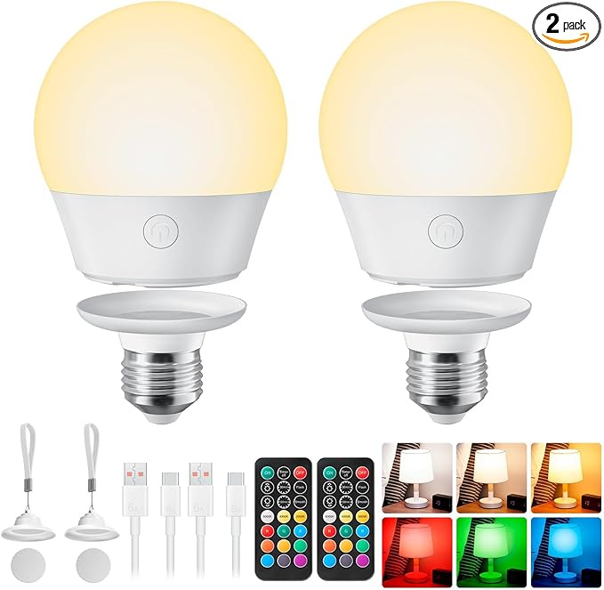 Brightown E26 Rechargeable Light Bulb with Remote and Timer, Battery Backup Bulb for Sconces and Lamps, Magnetic Bulbs for...