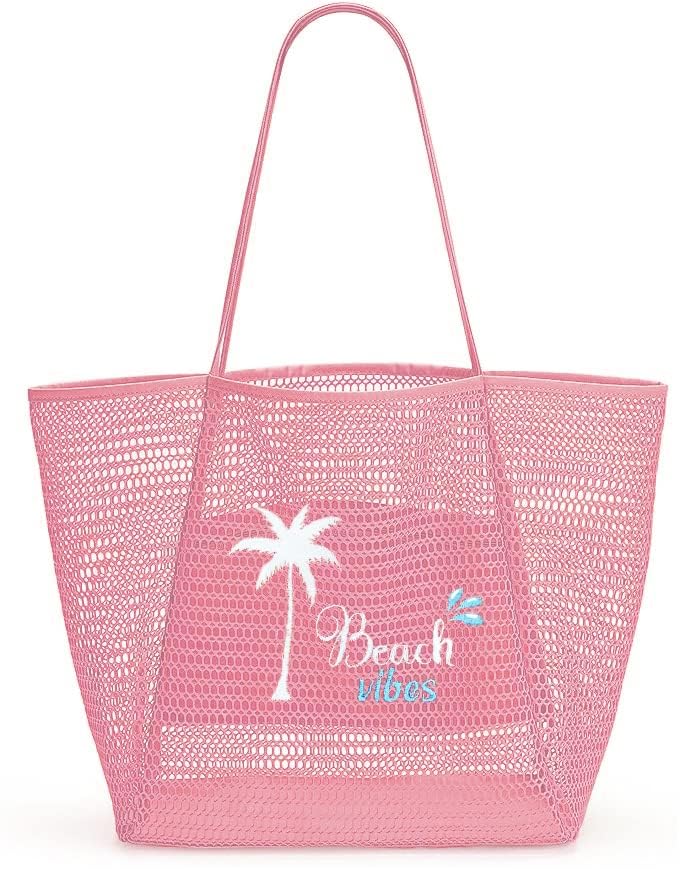 ukia Mesh Beach Tote, Large Capacity Beach Bags for Women Foldable Beach Tote Bag with Zipper Pocket