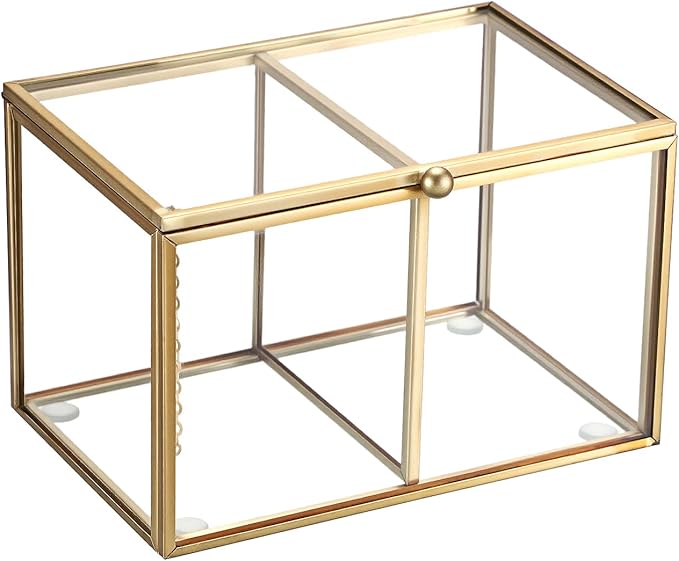 Hipiwe 2 Slots Glass Qtip Holder Gold Q-tip Storage Box with Lid Bathroom Accessories Container for Cotton Balls Cotton Sw...