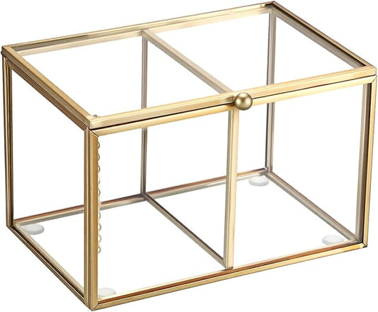 Hipiwe 2 Slots Glass Qtip Holder Gold Q-tip Storage Box with Lid Bathroom Accessories Container for Cotton Balls Cotton Sw...