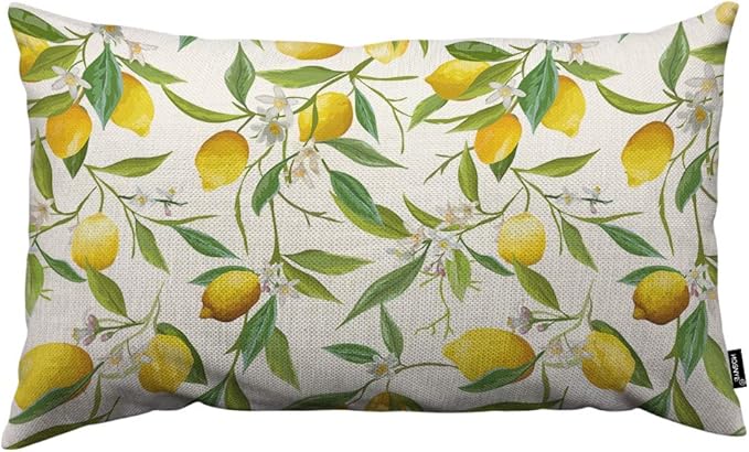 HOSNYE Lemon Throw Pillow Cover Fruits and Leaves Floral Linen Fabric for Couch Bed Sofa Car Waist Cushion Cover 12 x 20 i...