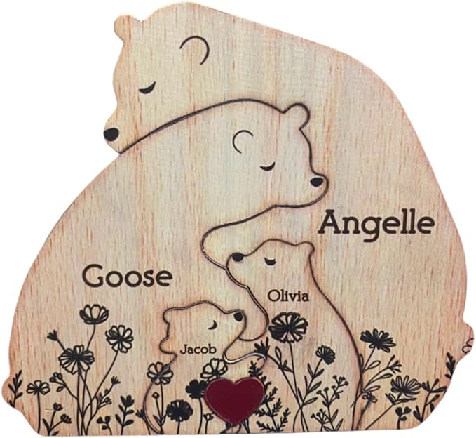Personalized Wooden Bear Family Puzzle, Hugging Bear Family Floral Version - Personalized Wooden Bear Family Puzzle, Home ...