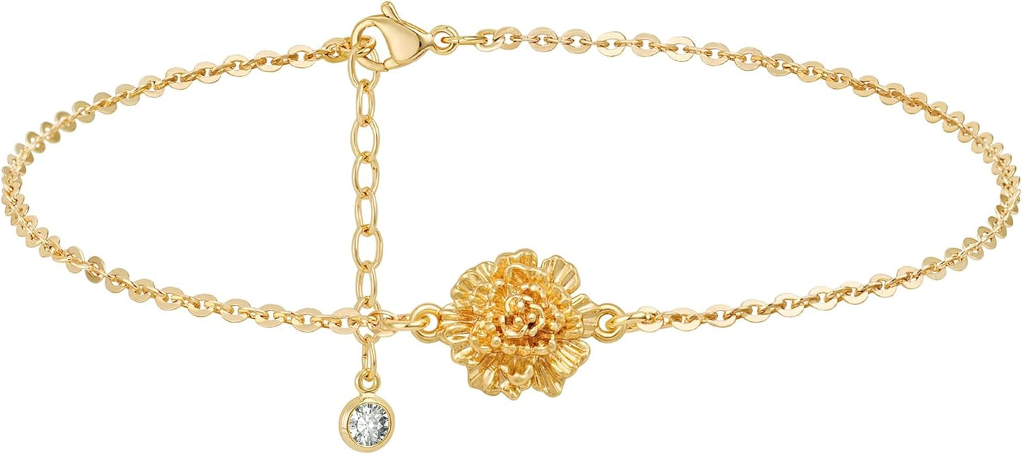 MYEARS Birth Flower Bracelets for Women Gold Sideways Charm 12 Months 14K Simple Dainty Chain Floral Jewelry Gift