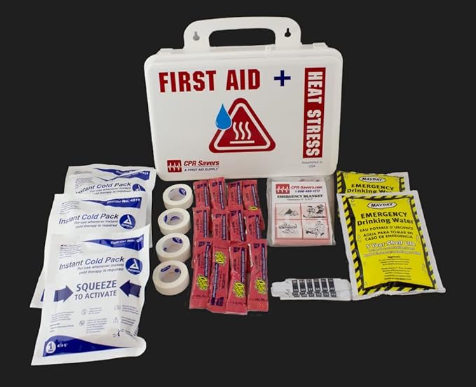 CPR Savers Heat Stress Relief First Aid Kit – Workplace Heat Safety Kit with Cold Packs, Electrolyte Drink Mix, Thermomete...