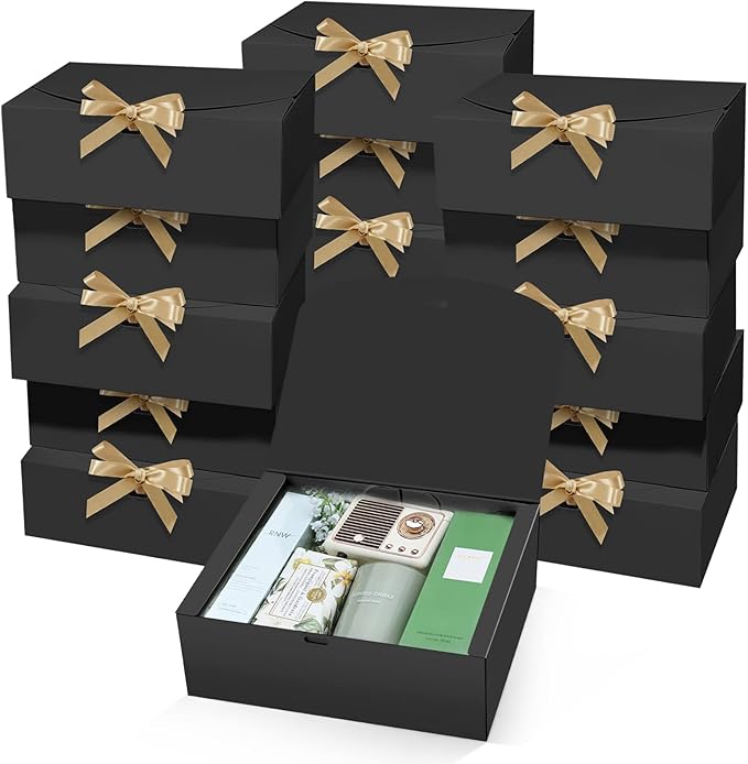PEKGRIL 15 PCs Gift Boxes with Lids, Black 10X8X4 Inch Gift Boxes, Bridesmaid Proposal Box with Ribbon, Kraft Paper Boxes ...