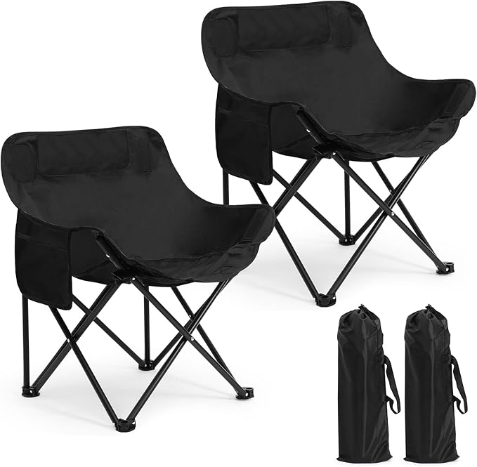 Seeloowy 2 Pack Compact Camping Chairs Portable Folding for Outside with Carry Bag Lightweight Moon Chairs for Travel Picn...