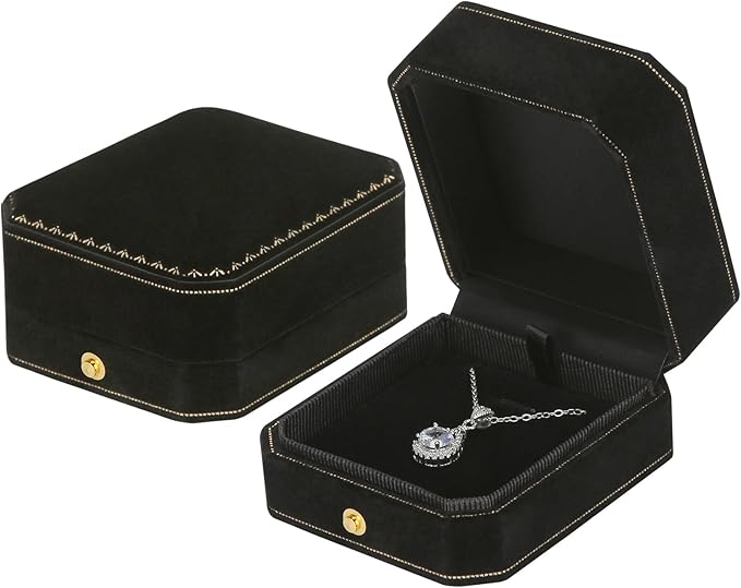 KUKUVR Velvet Necklace Box, Octagonal Luxury Pendant Gift Box for Wedding Engagement Proposal for Women (Black)