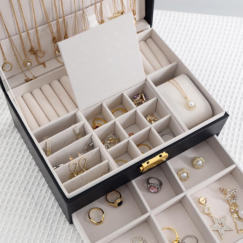 GUOER Jewelry Box for Women Girl Wife - Large PU Leather Jewelry Organizer Storage Case with Two Layers Display for Earrin...