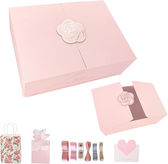 Elegant Small Pink Gift Box for Women with Lid & Accessories - Reusable Magnetic Closure Gift Presentation Set, Romantic a...