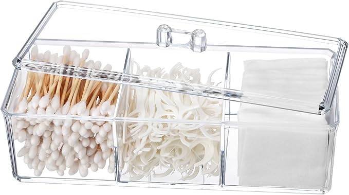 Sohalejr Qtip Holder Transparent 3 Compartments Cotton Ball and Swab Holder Organizer with Lid,Jar for Cotton Rounds,Bathr...
