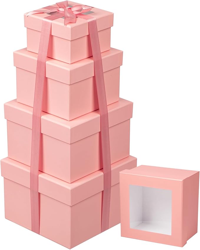 Oairse Square Gift Boxes with Lids for Presents Small Pink Gift Boxes with Clear Window Nesting Gift Boxes Set of 4 Flower...