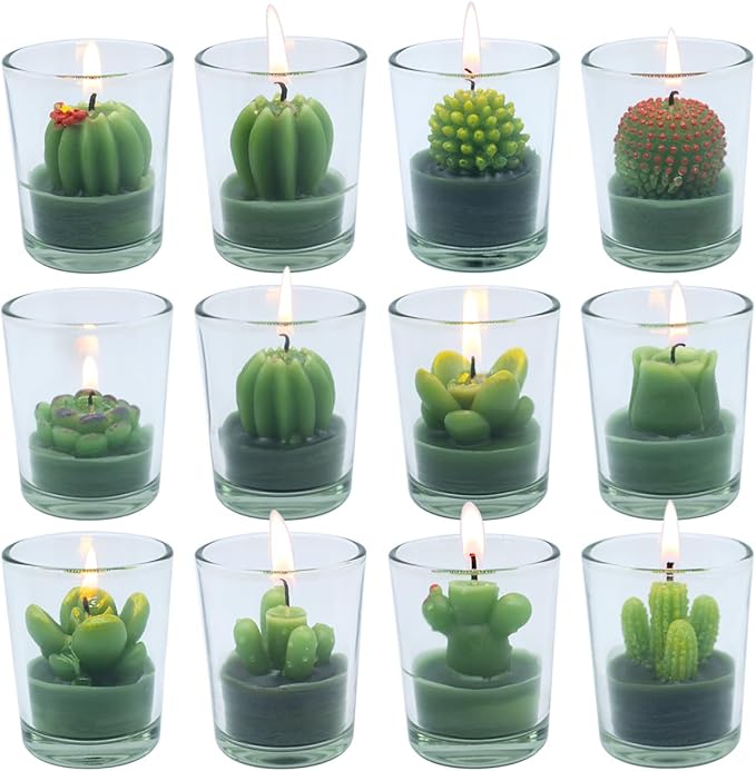 12 Pcs Decorative Succulent Cactus Tealight Candle Set - Handmade Mini Glass Holders, Decorative Votive Candles for House-...