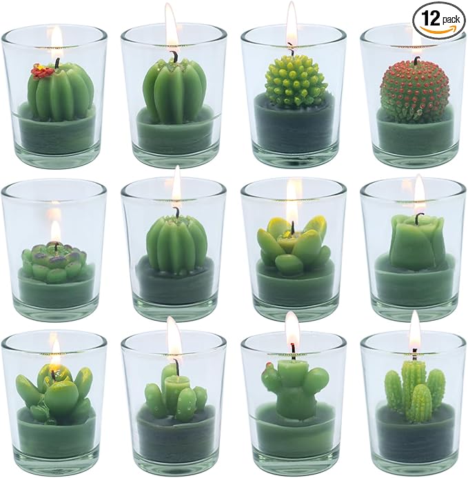 12 Pcs Decorative Succulent Cactus Tealight Candle Set - Handmade Mini Glass Holders, Decorative Votive Candles for House-...
