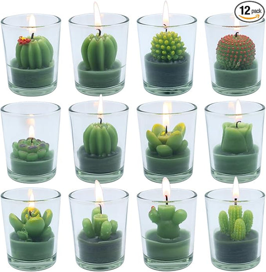 12 Pcs Decorative Succulent Cactus Tealight Candle Set - Handmade Mini Glass Holders, Decorative Votive Candles for House-...