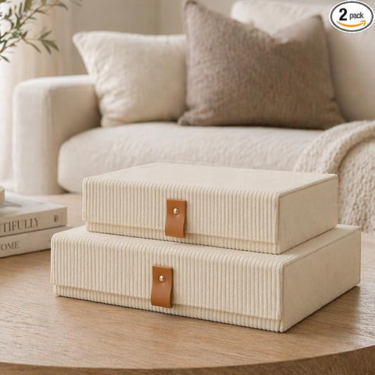 cherish & dwell Beautiful Cozy Corduroy Decorative Storage Boxes with Lids – Set of 2 Keepsake Boxes for Photos, Documents...