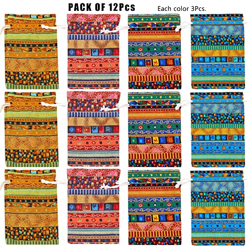 PINOWU Ethnic Style Drawstring Gift Bag 5x7 Cotton Reusable Pouches (12pcs) Jewelry Coin Storage Pouch Eco-Friendly Sachet...