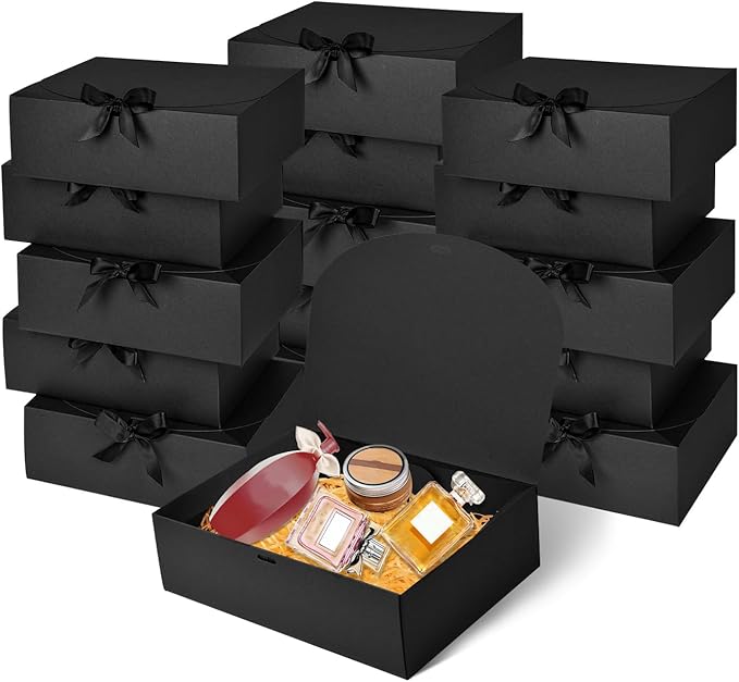 WLUSEAXI 12Pack Black Gift Boxes with Lids, 12×9.8×3.1 Inch Groomsmen Proposal Box, Luxury Black Gift Box with Ribbon for ...