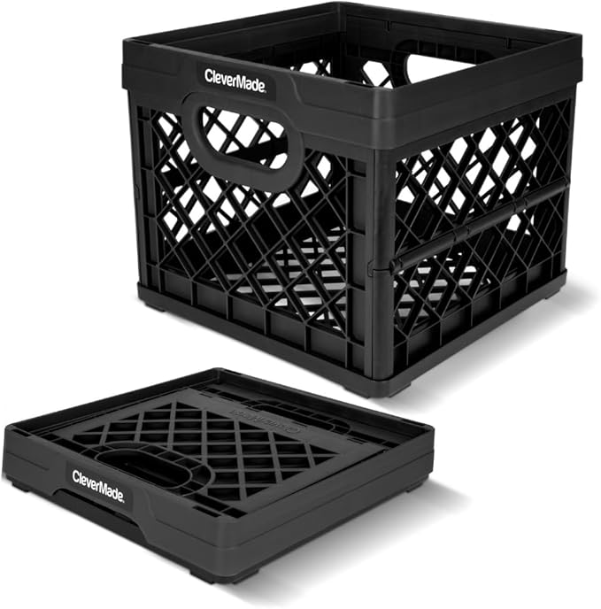 CleverMade Collapsible Milk Crate 25L (6.6 Gal), 50 lb Capacity Heavy Duty Folding Crate – Stackable Storage Crates with F...