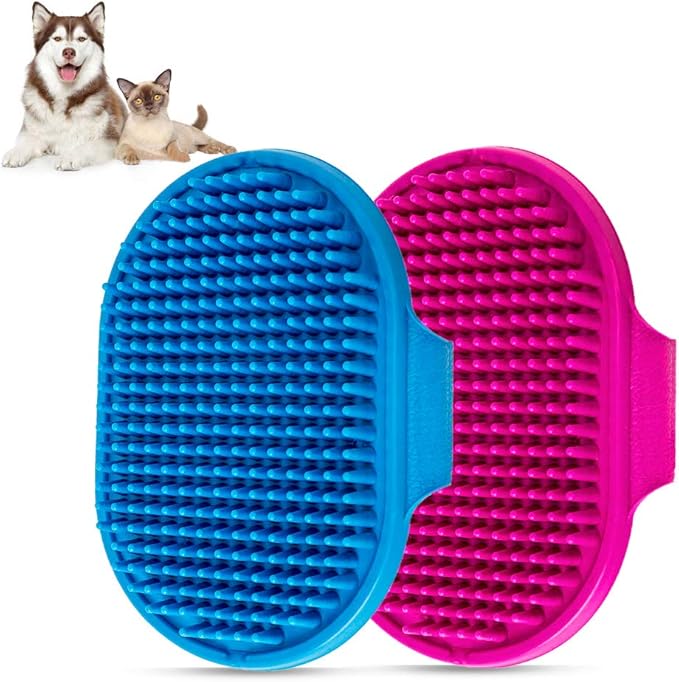 Aoche Dog Bath Brush Pet Bath Comb Brush Soothing Massage Rubber Comb 2pcs with Adjustable Ring Handle for Long Short Hair...