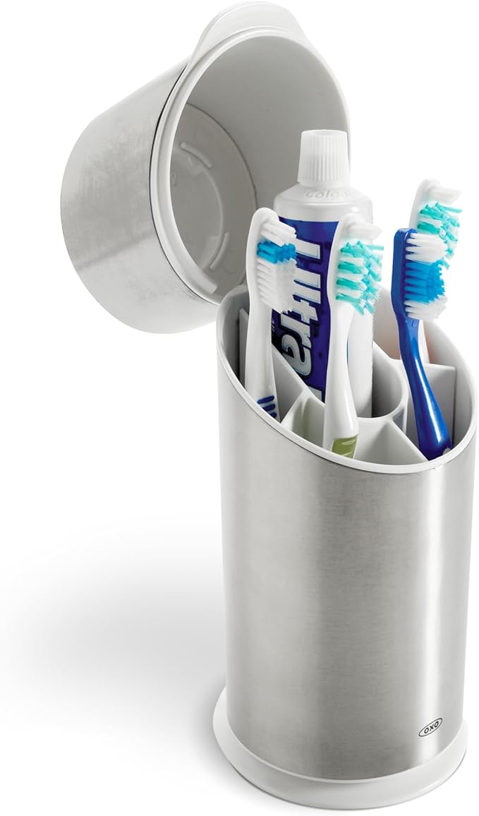 OXO Good Grips Stainless Steel Toothbrush Organizer, Bathroom Organizer and Storage, Toothbrush Holder for Countertop, Sle...