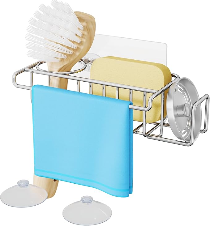 HapiRm 4 in 1 Sink Caddy Sponge Holder, SUS304 Stainless Steel Kitchen Brush Holder + Dish Cloth Hanger + Soap Rack + Sink...