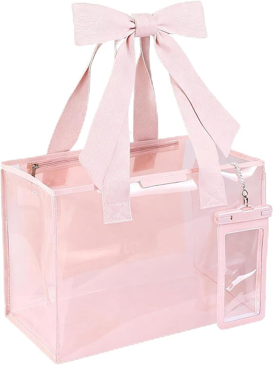 GEVICK Pink Jelly Tote Bag, Bow Tote Bags for Women,Beach Bags for Women,Pool Bags for Girl,Cute Beach Waterproof Tote Bag