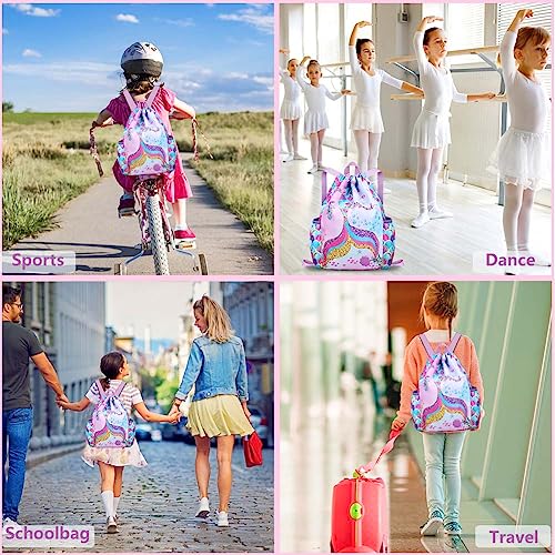 RHCPFOVR Drawstring Backpack for Kids - Mermaid Bags for Girls Gym Dance Beach Swim Travel Bag With Two Water Bottle Holder