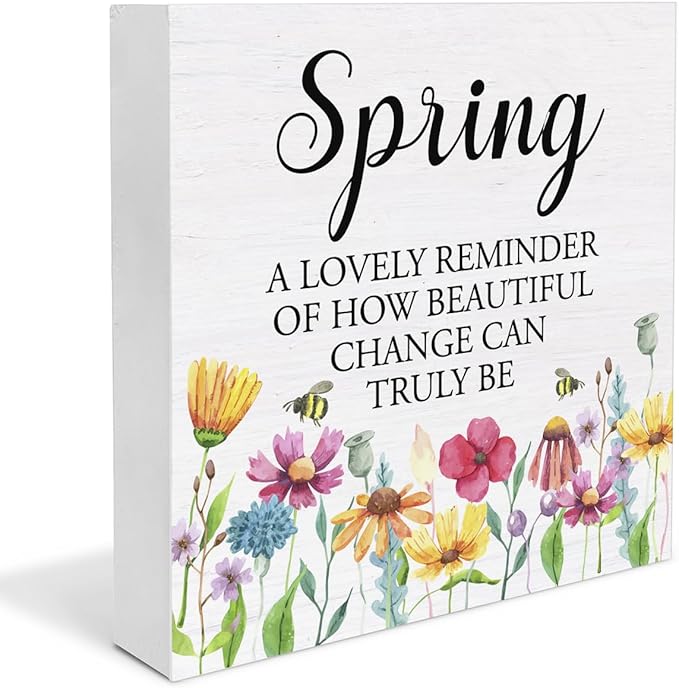 Dumyum Rustic Floral Wooden Sign Decor for Desk Table Shelf Wall 5 x 5 Inches