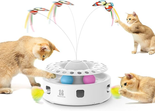 Potaroma Cat Toys 3in1 Automatic Interactive Kitten Toy, Fluttering Butterfly, Moving Feather, Track Balls, Dual Power Sup...
