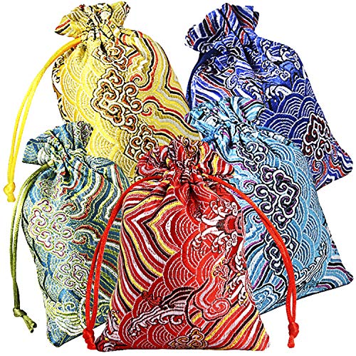 PINOWU 10pcs Silk Brocade Jewelry Pouch Bag 4x5.5 for Wedding Party Favors, Drawstring Coin Purse Embroidered Sachet Candy...