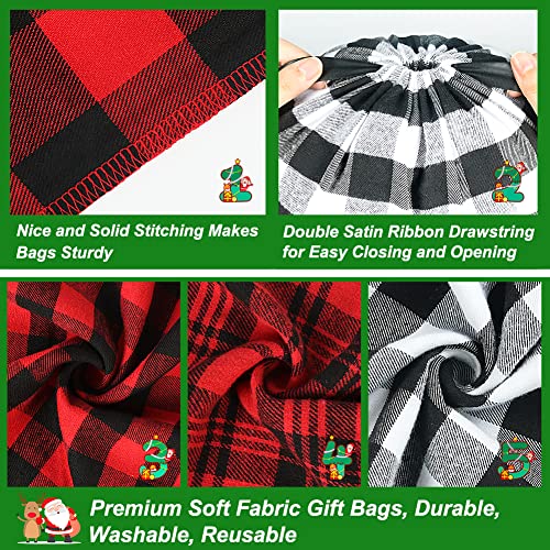 HRX Package Fabric Gift Bags Drawstring Assorted, 9pcs Reusable Christmas Wrapping Sacks Buffalo Plaid Cloth Bag with Gift...