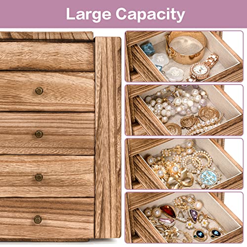 Meangood Jewelry Box Wood for Women, 5-Layer Large Organizer Box with Mirror & 4 Drawers for Rings, Earrings, Necklaces, V...