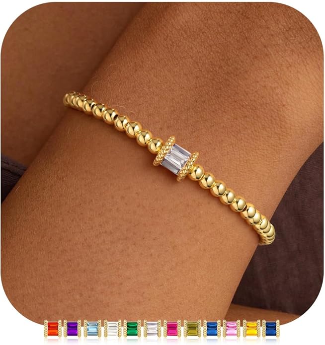 M MOOHAM Mothers Day Gifts - Birthstone Gold Beaded Bracelets for Women, Dainty Elastic 14k Real Gold Plated Beaded Bracel...