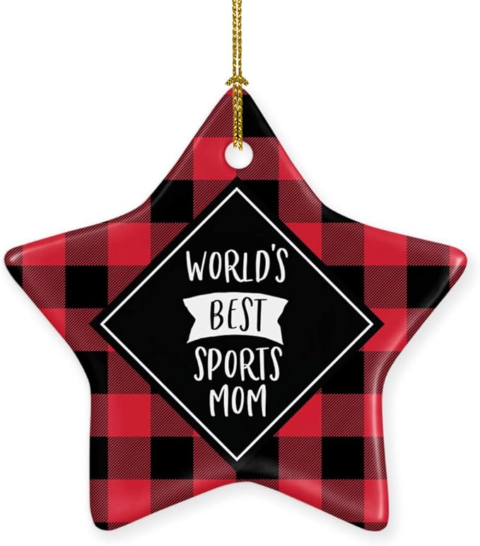 Andaz Press Star Ceramic Porcelain Christmas Tree Ornament Keepsake Gift, World's Best Sports Mom, Plaid, 1-Pack, Birthday...