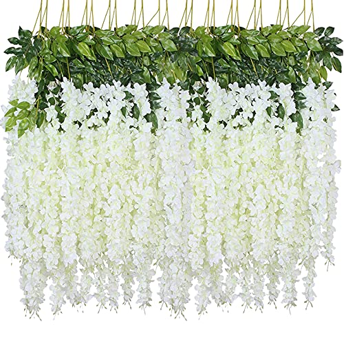 WEISPARK Fake Hanging Flowers - 12 Pieces 3.75 Feet/Piece Artificial Wisteria Vine Ratta Hanging Garland Silk Flowers for ...