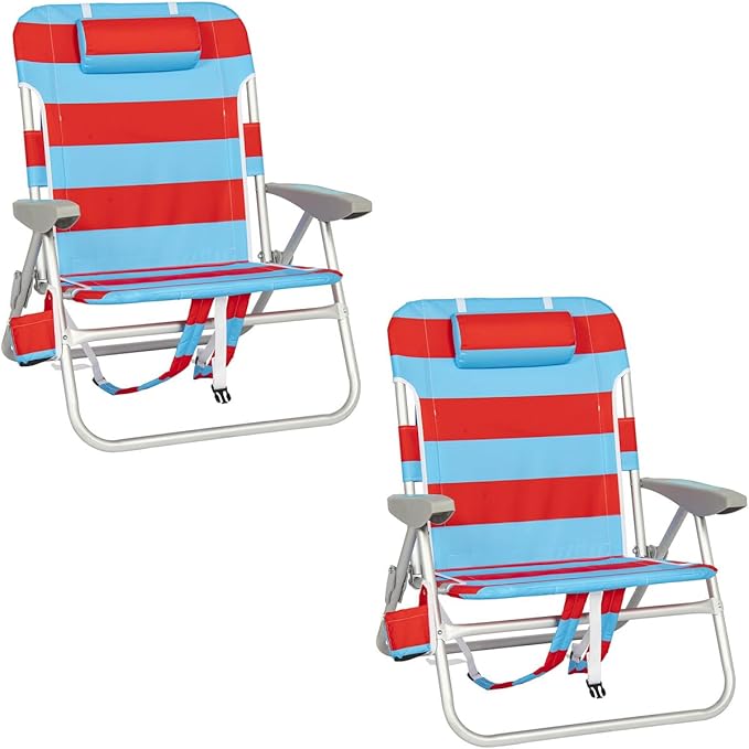 Rio Beach 2-Pack Wide Big Boy 4-Position Backpack Beach Chair with Pillow, Arms, and Storage Pouch, Lightweight Outdoor Po...