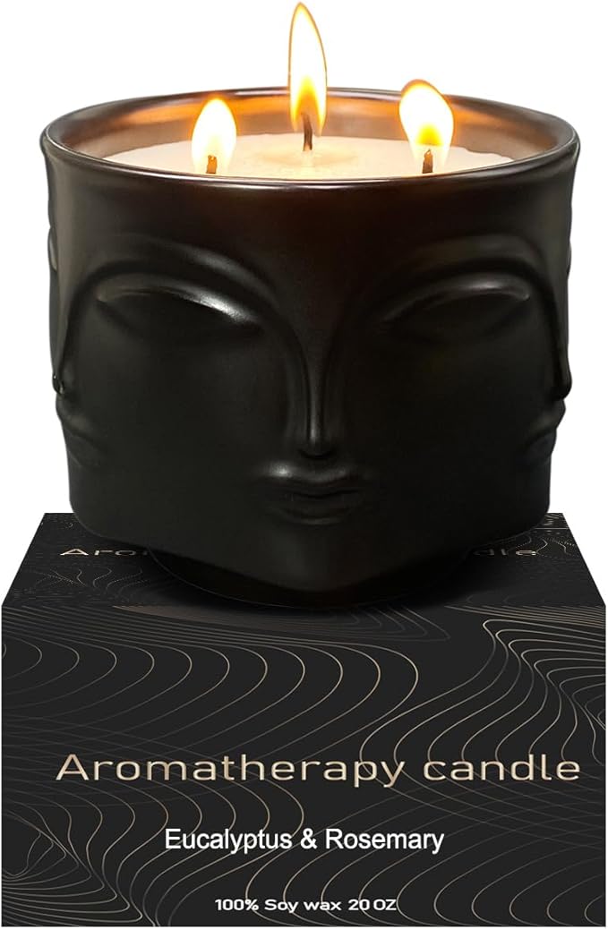 Strong Eucalyptus & Rosemary 3 Wick Black Large Candle, 20oz, Ceramic, Outdoor Scented Candles, 100% Soy, for Home Scente...