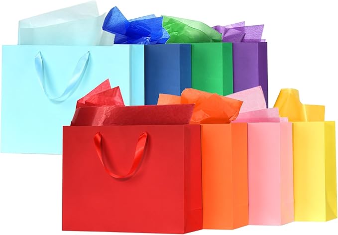 WrapNGo 8 PCS Gift Bags with 16 Tissues 8 Colors Party Favor Bags with Handles 14x4.5x11 Inch Goodie Bags for Valentine's ...