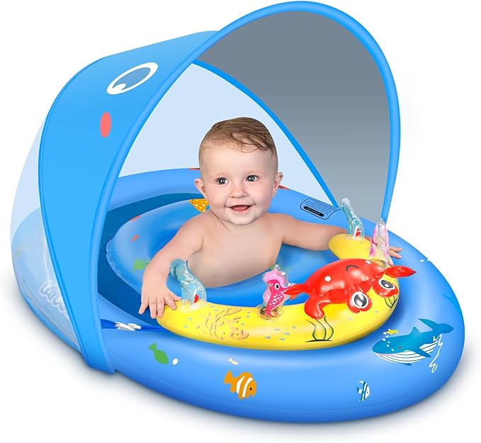 LAYCOL Baby Pool Float with Canopy UPF50+, 120°Adjustable Sun Protection and Anti-Tip Safety Seat, Inflatable Toddler Floa...