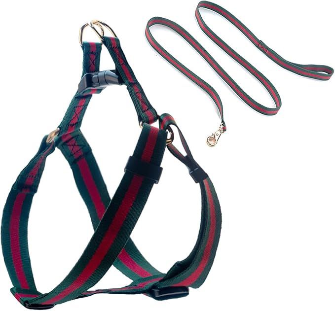 Echentie Dog Hamess and Leash,Large Size, Green, Striped, Nylon, No Pull, EasyWear, Luxury, Durable, 5ft Leash