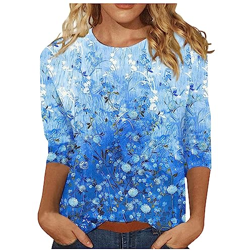 Women's 3/4 Sleeve Crew Neck Tops Floral Print Tunic Cute Loose Basic Tee Shirts Casual Trendy Blouses Spring Summer