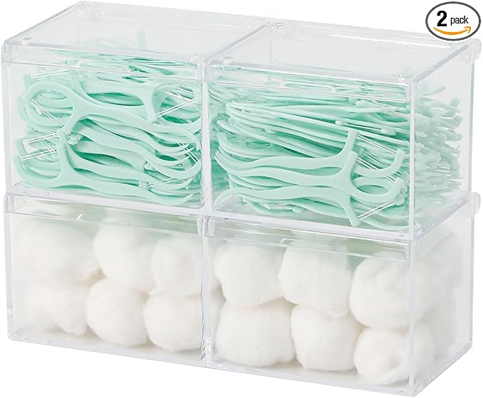 GOXITAX 2 Pack Bathroom Container with Divider, Plastic Vanity Storage Canister Jars with Lid for Cotton Balls, Makeup Pad...