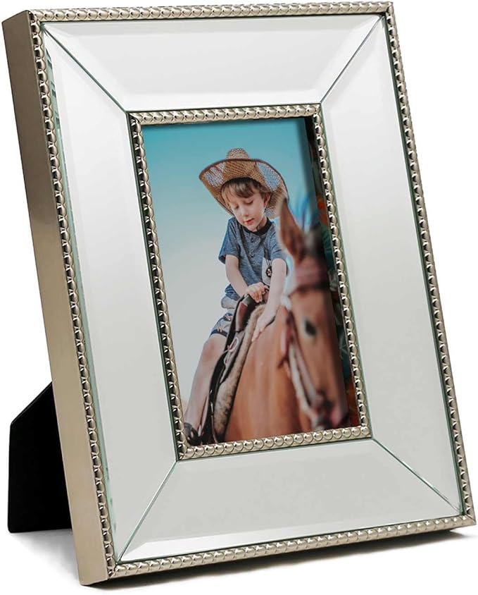 YUNDINGJI 4x6 Beveled Clear Mirror Champagne Silver Pearl Dot Photo Frame-Organic Glass Black Velvet Back Panel for Famil...