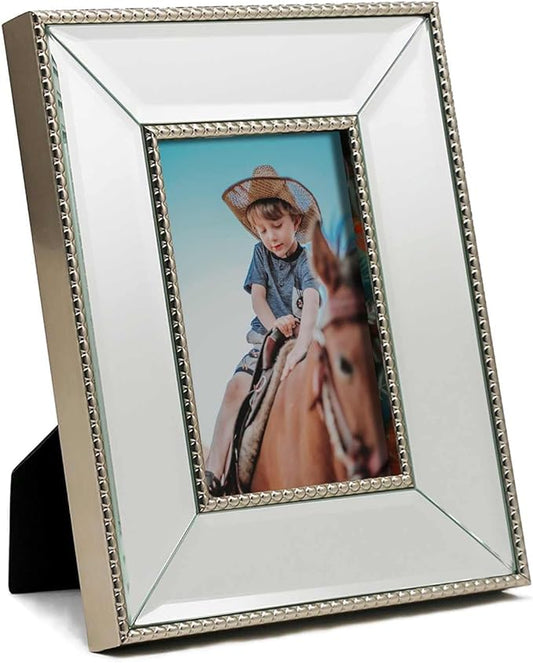 YUNDINGJI 4x6 Beveled Clear Mirror Champagne Silver Pearl Dot Photo Frame-Organic Glass Black Velvet Back Panel for Famil...
