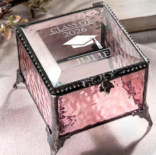 Graduation Keepsake Box Class of 2026 Personalized Name, Textured Clear Glass Jewelry Box, Engraved Memory Box with Gradua...