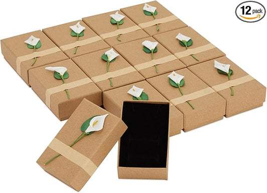Juvale Jewelry Boxes - 12 Pack, 3.5 x 2.2 x 1.2 In, Brown Cardboard - Mini Case With 3D Lily Flower Top & Removable Velvet...