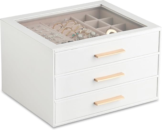 Frebeauty Clear Lid Jewelry Box,3-Layer Jewelry Organizer with Drawer,PU Leather Jewelry Organizers and Storage,Jewelry Bo...