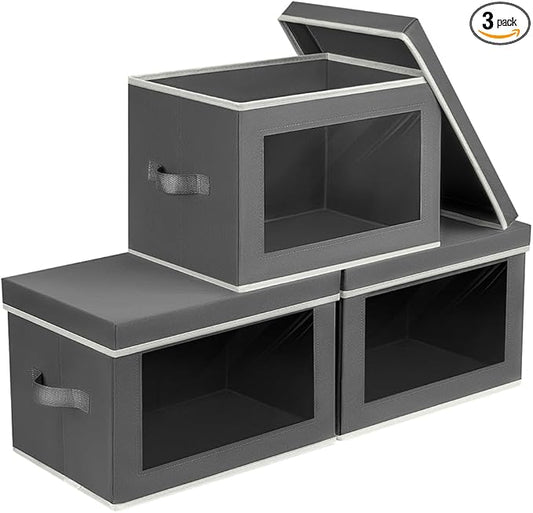 Homsorout Storage Bins with Lids - Fabric Storage Boxe with Window, Collapsible Closet Organizers with Handles, 3 Pack Dec...