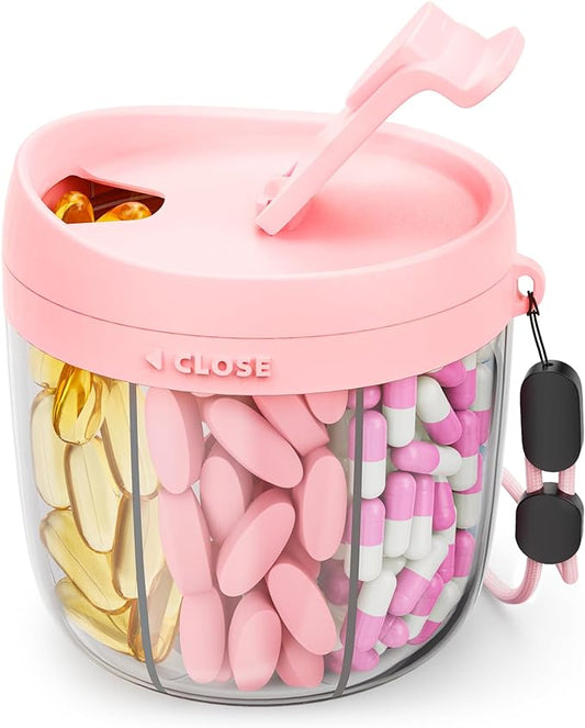 AMOOS Cute Pill Dispenser with 7 Compartments, Pill Bottle Organizer with Anti-Mix Design, Portable Pill Organizer for Tra...