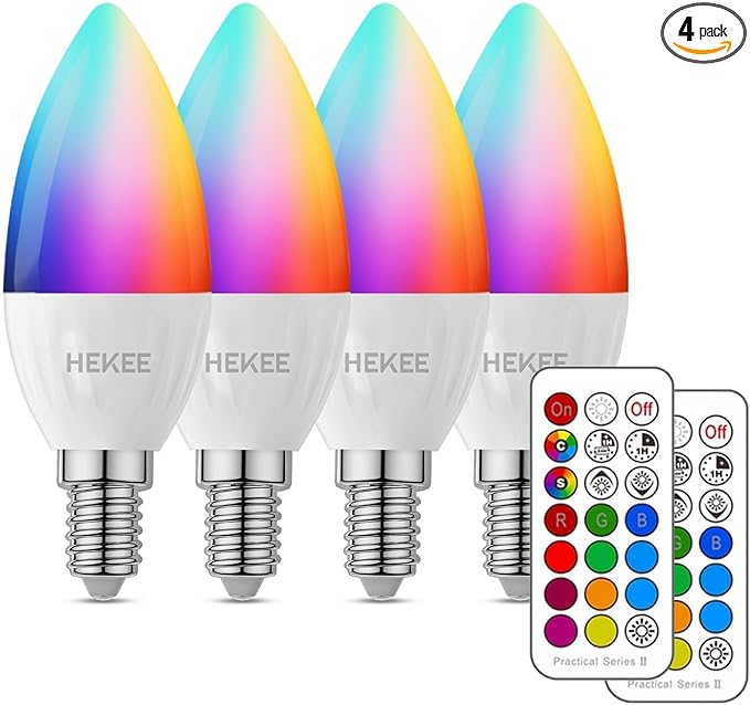 HEKEE E12 LED Candelabra Light Bulbs, Color Changing Candle, C37 B11 40W Incandescent Equivalent, 450 Lumen, RGB + 2700K W...